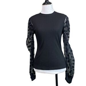 Shein Black Sheer Polka Dot Sleeves Ribbed Shirt